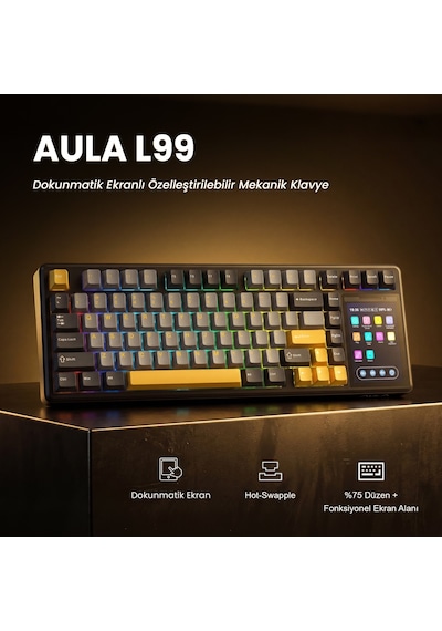 Aula L99 4" Akıllı Dokunmatik Ekranlı 3 Modlu RGB Hot Swap Caramel Latte Switch Mekanik Kablosuz Oyuncu Klavyesi Mor