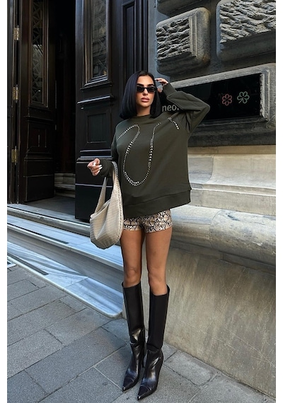WeShaya Kadın Haki Taşlı Pamuk Oversize Sweatshirt Haki
