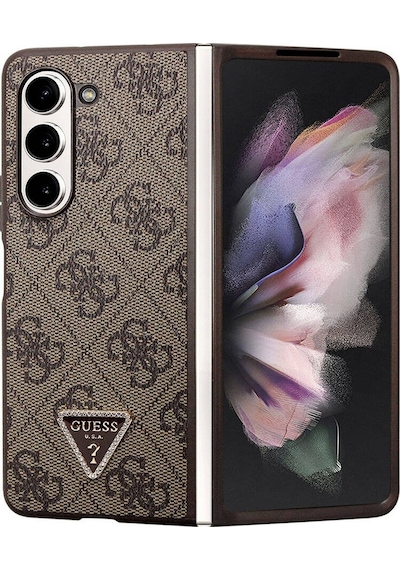 Galaxy Z Fold 5 Uyumlu Kılıf Guess Lisanslı Pu Deri Taşlı Üçgen Logo 4g Desenli Strass Siyah