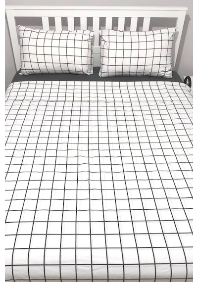 Lionas Karo Siyah Pamuklu Nevresim Takımı 120x200 Yataklar İçin Beyaz
