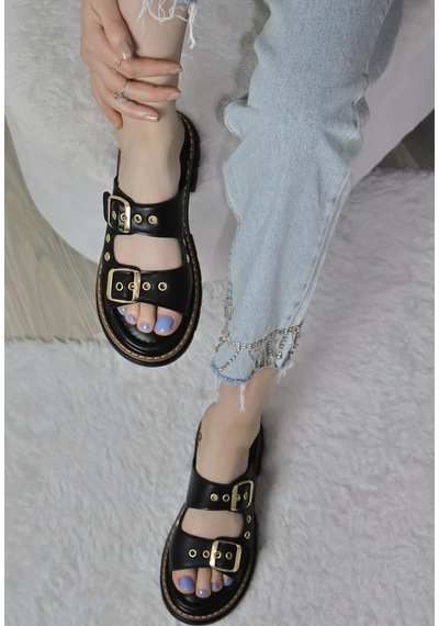 Asmi Shoes Kadın Çift Bant Kapsül Detaylı Kalın Taban Ortopedik Terlik Siyah Siyah