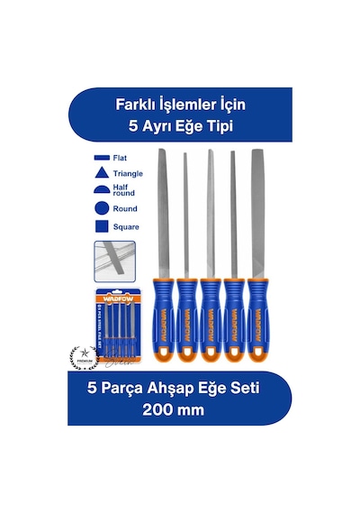 Eğeseti 5 Parça Metal Eğe Seti 200 Mm Karbon Çelik Orta Pürüzlü Düz Yuvarlak Yarım Yuvarlak Kare Üç