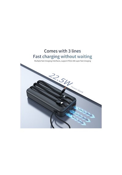 30.000 Mah Taşınabilir Şarj Aleti 22.5w Pd Hızlı Şarj Lcd Şarj Göstergeli 6 Port Powerbank Siyah