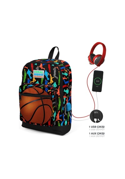 Coral High Basketbol Usb Soketli Okul Çantası ve Beslenme Çantası Seti Siyah - Turuncu