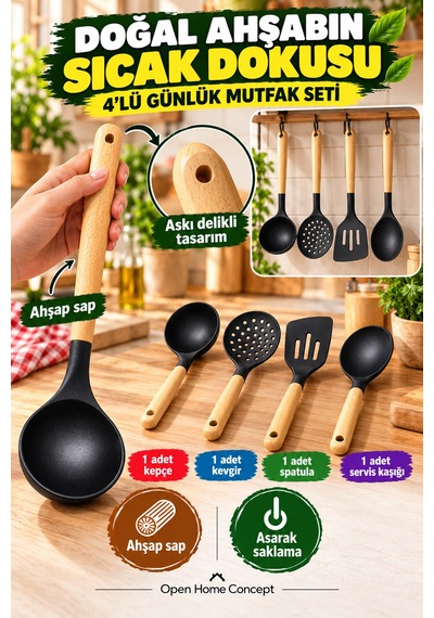 4 Lü Ahşap Saplı Siyah Silikon Mutfak Seti 31cm Kepçe Kevgir Spatula Servis Kaşığı Pişirme Ve Servis