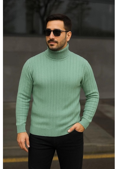 Efnaz Style Erkek Balıkcı Yaka Bağazlı Triko Kazak Pamuklu Kalın Fitilli Dokuma, Regular Fit Uzun Kollu Kışlık Model - Mint Yeşili