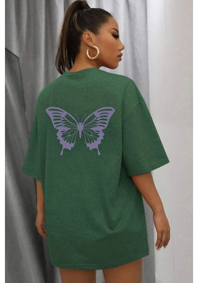 Unisex Butterfly Baskılı Tasarım T-shirt Yeşil