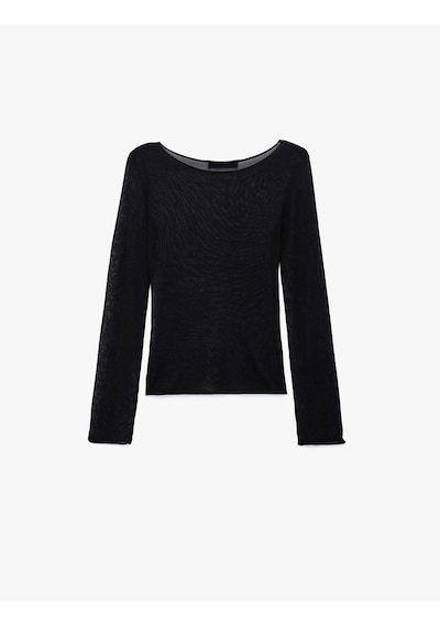 Koton Viskon Rayon Kumaş Yarı Transparan Yuvarlak Yaka Uzun Kollu İnce Triko Tişört Siyah 7wak90246ht Koton Viskon Rayon Kumaş Yarı Transparan Yuvarlak Yaka Uzun Kollu İnce Triko Tişört Siyah 7wak90246ht