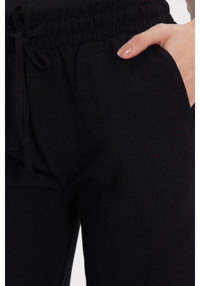 Tudors Kadın Regular Fit Klasik Kesim Pamuklu Beli Bağcıklı Lastikli Keten Görünümlü Siyah Palazzo Pantolon-50635