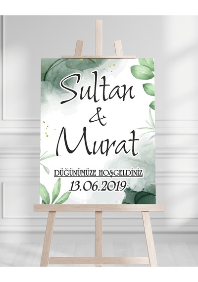 Söz Nişan Düğün İçin 50x70 Karşılama Panosu - Yeşil Pastel Tasarımlı Beyaz