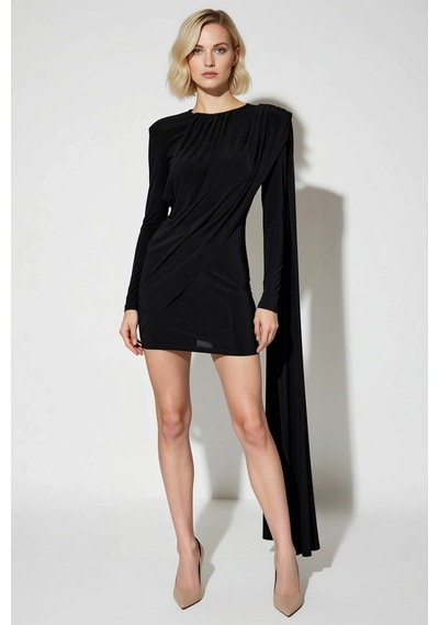 Benerly Kadın Bisiklet Yaka Uzun Kol Düz Örme Bodycon Mini Elbise Fonksiy Siyah
