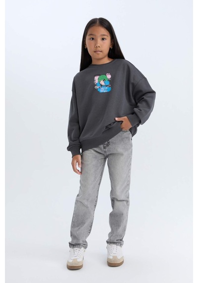 DeFacto Kız Çocuk Relax Fit Bisiklet Yaka Baskılı Sweatshirt D6495A8NSAR15 Antrasit