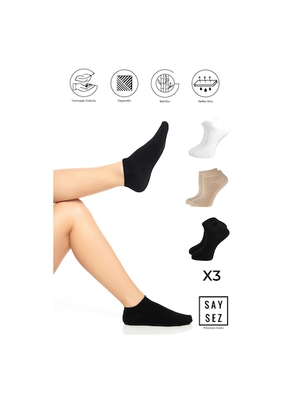 Saysez Bambu Kadın Patik Düz Siyah-beyaz-bej Çorap Dikişsiz Premium 3'lü Paket Renkli