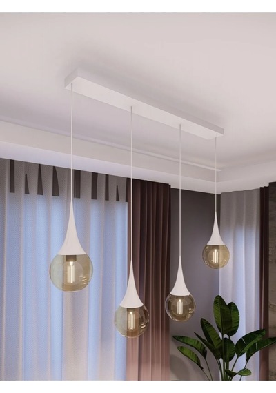 Opya Füme Camlı 4 Lü Beyaz Metal Sarkıt Modern Sıralı Avize, E2 1 Adet