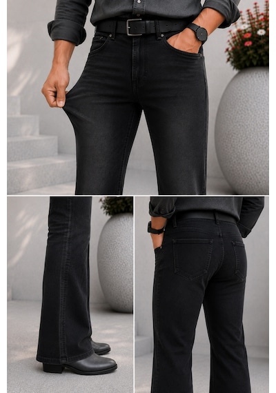Cedy Denim Cedy Denım Premium Seri: Erkek Retro Flare Bootcut Jean - Geniş Paça Taşlanmış Denim Pantolon C370 Siyah