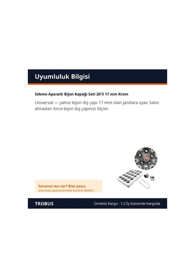 Trobus Sökme Aparatlı Bijon Kapağı Seti 20'li 17 Mm Krom