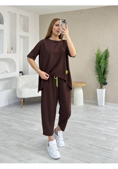 Efnaz Style Kadın Kısa Kollu Bisiklet Yaka Viskon Iki Iplik Bluz Ve Pantolon Ikili Takım Kahve