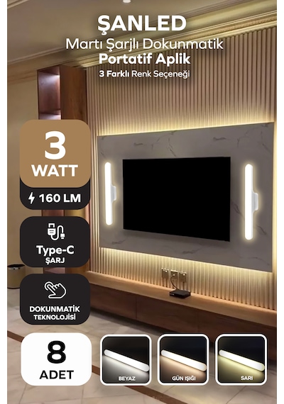 Şarjlı Mıktantıslı Işık Micro Usb Kablosuz Led 3 Farklı Işık Martı Aplik - 8 Adet Beyaz