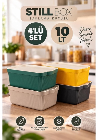Tr 4516 Mix Still Box 4'lü Kapaklı Çok Amaçlı Saklama Kutusu Seti 10 Lt Mutfak & Buzdolabı Düzenleyici Kutu Genel