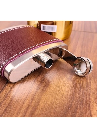5 Oz-150 Cc Hunili Kahve Brown Deri Kılıf Çelik Viski İçki Konyak Matarası Genel