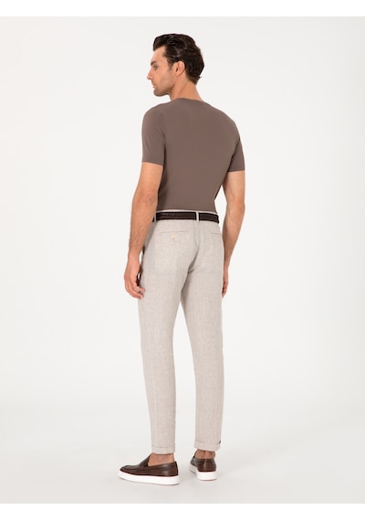 Cacharel Bej Carrot Fit Ekose %100 Keten Spor Pantolon