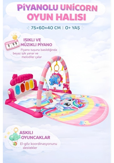 Piyanolu Unicorn Desenli Bebek Oyun Halısı 0+ Ay, Hayvan Figürlü Işıklı ve Müzikli Gelişim Matı