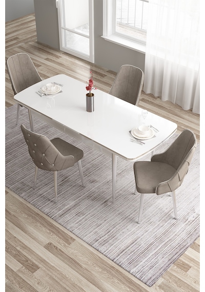 Canisa Tia Serisi 80x132 Açılabilir Mdf Mutfak Masası Takımı Beyaz Masa Krom Detay 4 Cappucino Sandalye Masa Beyaz Sandalye Cappucino Canisa Tia Serisi 80x132 Açılabilir Mdf Mutfak Masası Takımı Beyaz Masa Krom Detay 4 Cappucino Sandalye Masa Beyaz Sandalye Cappucino