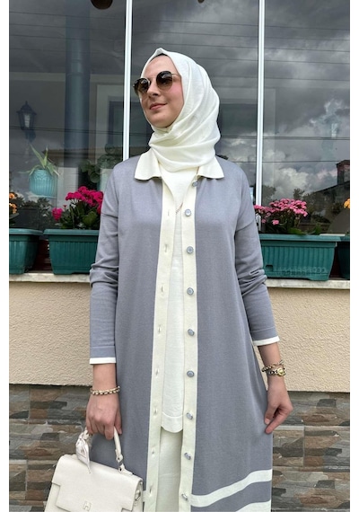 Rabia Şamlı İmge Çizgili Triko Hırka Gri Çok Renkli