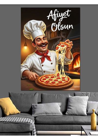 Fırında Pizza Yapan Şef Aşçı Dekoratif Kanvas - Mdf Ahşap Tablo