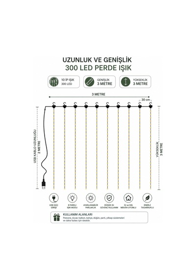 3x3 m Perde LED Lamba Dekoratif Nişan Düğün Doğum Günü Arka Fon Süsleme Işığı