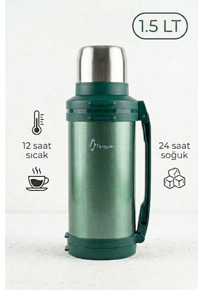 Penguen 1.5 Litre Avcı Termos Vakumlu Çelik Termos Kamp Piknik Çay Kahve Termosu Sus304 Bpa Free Yeşil