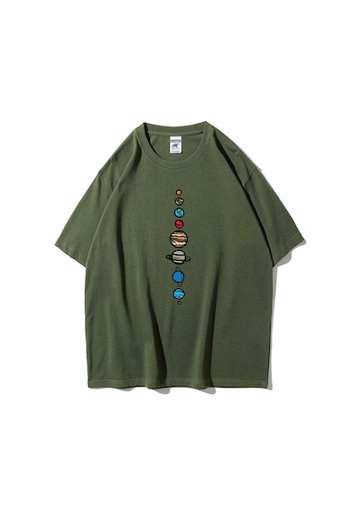 Flood Of Style Unisex Haki 9 Gezegen Baskılı Oversize Bisiklet Yaka Tshirt