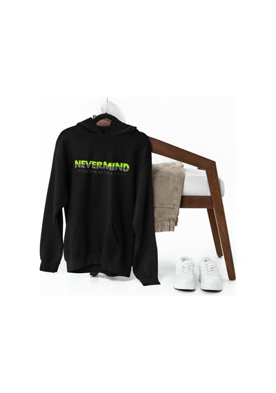 Nevermınd Unisex Yazı Baskılı Oversize Baskılı Kapşonlu Sweatshirt 3 Iplik Siyah Siyah