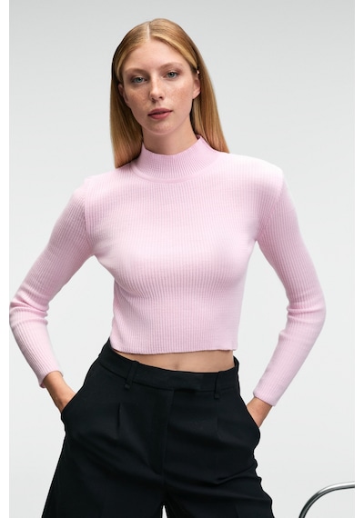 Grimelange CALIDA Kadın Dik Yaka Fitilli Görünümlü Slim Fit Triko Pembe Kazak