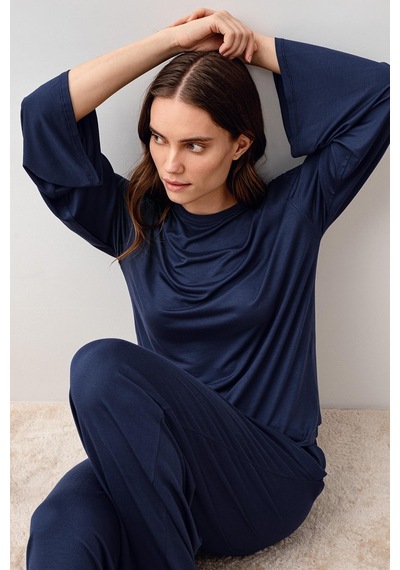 Uzun Kollu Oversize Basic Likralı Viskoz Alt Üst Takım 20210 Lacivert