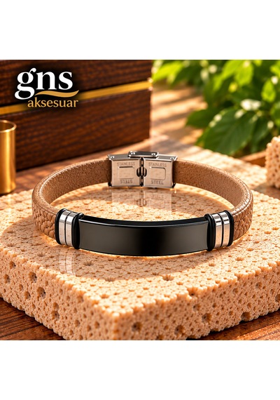 2 Farklı Renk Bir Arada Deri Çelik Mixli Şık Trend Model Erkek Çelik Bileklik 21,5 Cm Krem