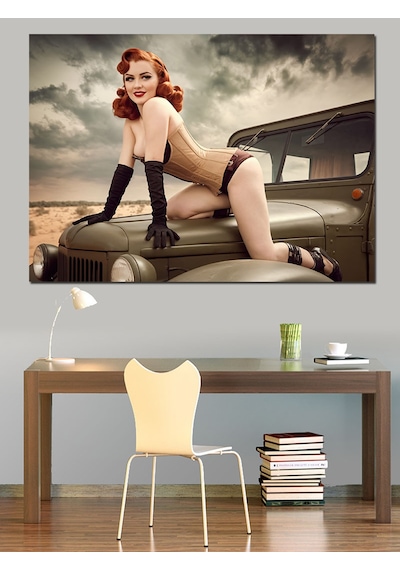 Klasik Arabada Pin-up Kadın Dekoratif Kanvas - Mdf Ahşap Tablo
