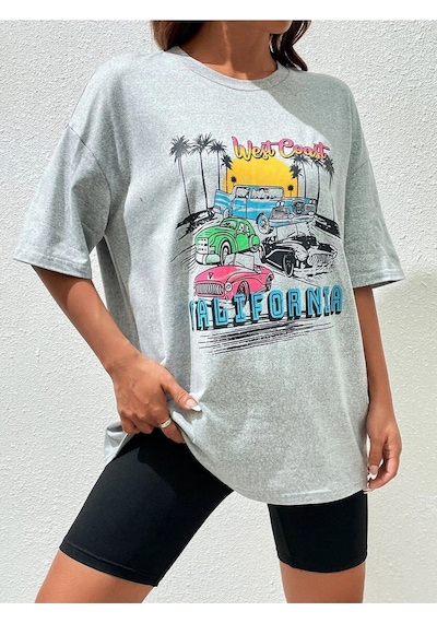 California Arabalar T-shirt - Gri Baskılı Oversize Bisiklet Yaka Kısa Kol Tişört Gri