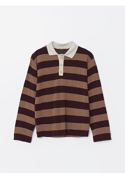 Lcwaıkıkı Classic Bordo Polo Yaka Çizgili Kadın Tişört
