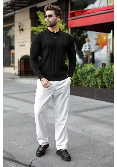 Madmext Siyah Düğmeli Polo Yaka Desenli Over Fit Erkek Triko Kazak E7520