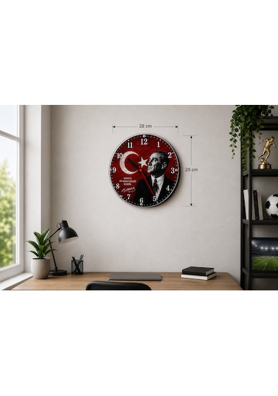 Atatürk Ve Türk Bayrağı Temalı 28 Cm Dekoratif Duvar Saati Ev Ofis Okul Duvar Saati