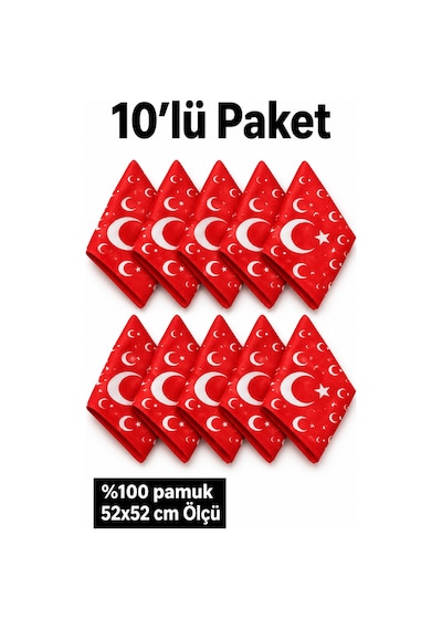 Herşeynota 10 Lu Kırmızı Ay Yıldız Desenli %100 Pamuk 52x52 Cm Fular Bandana Seti Çok Renkli