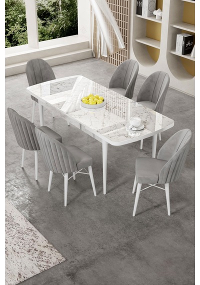 Canisa Gale Serisi 80x132 Açılabilir Lak Panel Beyaz Mermer Desen Mutfak Masa Takımı 6 Gri Sandalye Masa Beyaz Mermer Desen Sandalye Gri Canisa Gale Serisi 80x132 Açılabilir Lak Panel Beyaz Mermer Desen Mutfak Masa Takımı 6 Gri Sandalye Masa Beyaz Mermer Desen Sandalye Gri