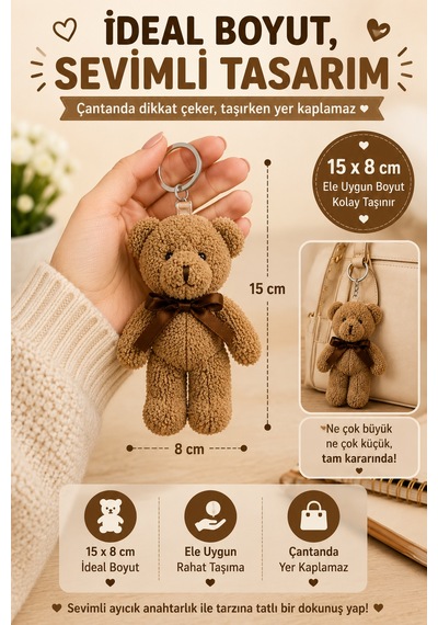 1 Adet Kahverengi Peluş Ayıcık Anahtarlık 15x8 Cm Çanta Sırt Çantası Anahtar Aksesuar Sevimli Fiyonk