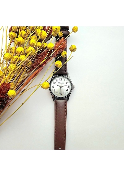 Retro Kadın Kol Saati, Vintage Tasarım, Klasik Tasarım, Siyah Kasa, Minimal Tasarım, Kayışlı Koyu Kahverengi Altın