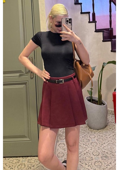Madmext Bordo Pileli Kadın Mini Şort Etek Mg2402 Bordo