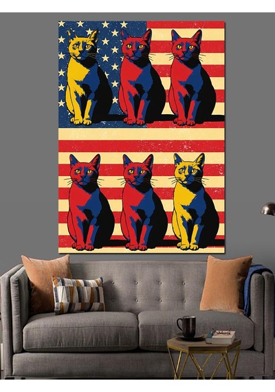 Renkli Kedi Pop Art Dekoratif Kanvas - Mdf Ahşap Tablo