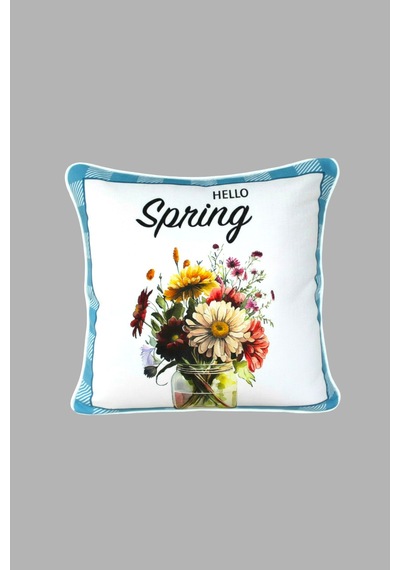 Kırlent Kılıfı Bahar Temalı Hello Spring 45x45 Raşel Örme Kadife Dijital Baskı Beyaz Biyeli Çok Renkli