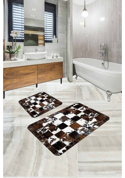 Kahve Deri Görünümlü Banyo Halısı Klozet Paspas Seti Bs330n11 Kahverengi