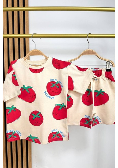 Monila Erkek Çocuk Pamuklu Domates Baskılı T-shirt Ve Şort Alt Üst Takım Taş
